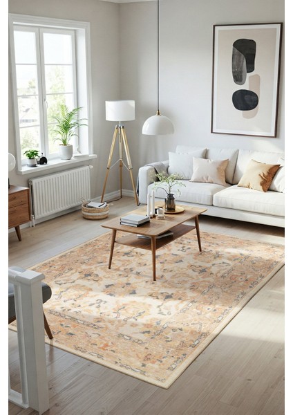 Relic Krem / Sarı Vintage Dokulu Klasik Desenli Dokuma Tabanlı Şönil Halı Al 496