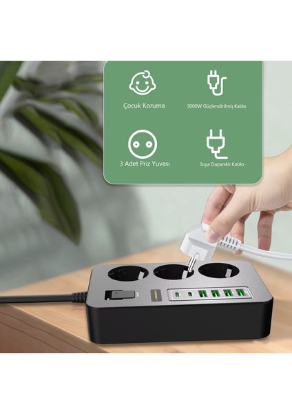 3'lü Akım Korumalı Grup Priz - Çocuk Korumalı 4usb 2 Type-C Portlu fiyatları