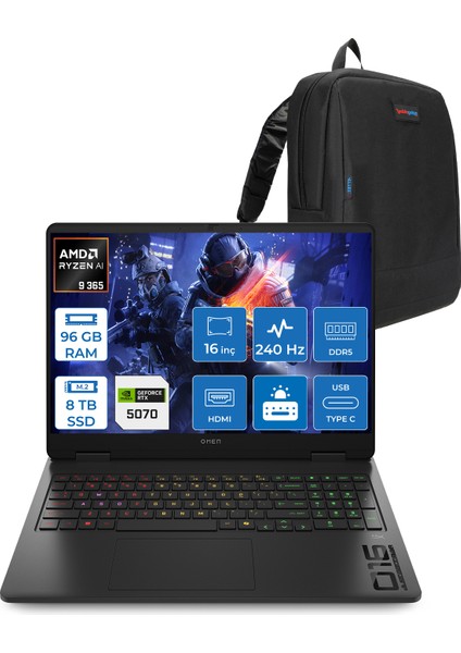 Omen 16-AP0012NT Amd Ryzen Aı 9 365 96GB Ddr5 8tb SSD RTX5070 8gb Gddr7 16 Inç Wqxga (2560 x 1600) 240Hz 500NITS 3ms IPS Freedos Taşınabilir Bilgisayar C12CGEAF48 + Zetta Çanta