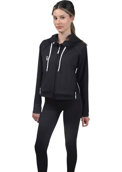 Siyah Kadın Crop Sweatshirt Fermuarlı Sırt Dekolteli Kapüşonlu Eşofman Üstü