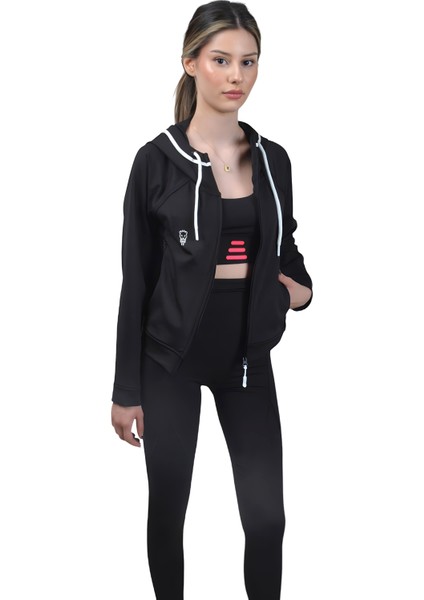 Siyah Kadın Crop Sweatshirt Fermuarlı Sırt Dekolteli Kapüşonlu Eşofman Üstü fırsatları