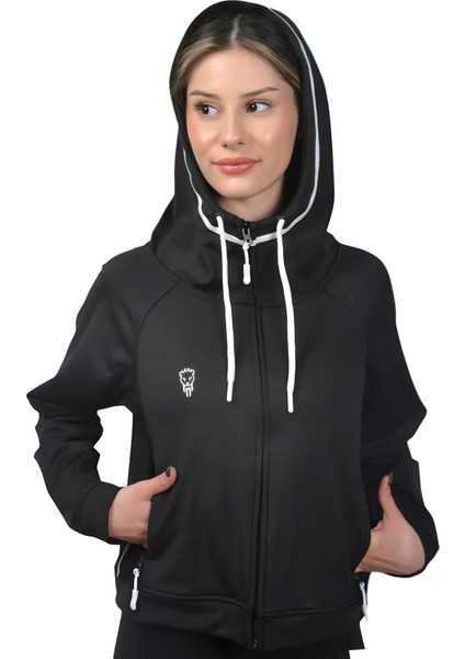 Siyah Kadın Crop Sweatshirt Fermuarlı Sırt Dekolteli Kapüşonlu Eşofman Üstü