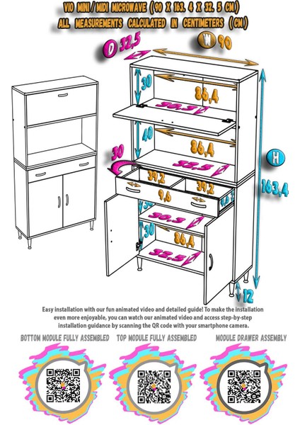 Vio (90X163,4X32.5 Cm) Çekmeceli, Kapaklı, Ekmeklikli. Mini/midi Mikrodalga Mutfak Dolabı indirimleri