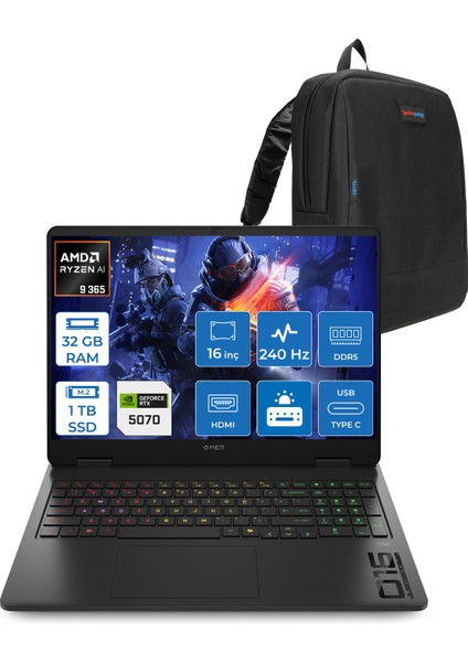 Omen 16-AP0012NT Amd Ryzen Aı 9 365 32GB Ddr5 1tb SSD RTX5070 8gb Gddr7 16 Inç Wqxga (2560 x 1600) 240Hz 500NITS 3ms IPS Freedos Taşınabilir Bilgisayar C12CGEAF14 + Zetta Çanta
