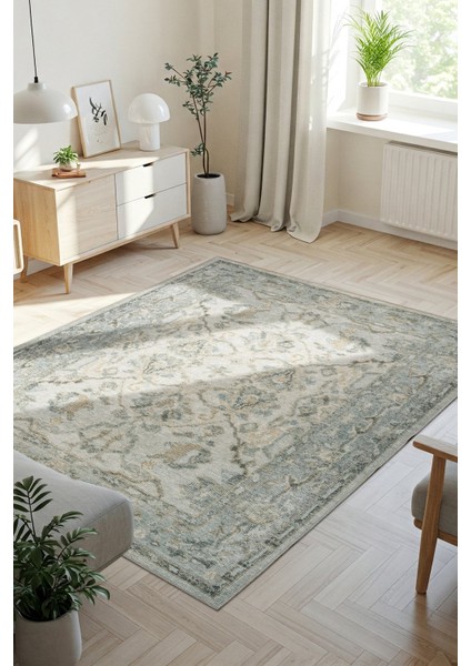 Relic Yeşil Vintage Dokulu Klasik Desenli Dokuma Tabanlı Şönil Halı Al 519