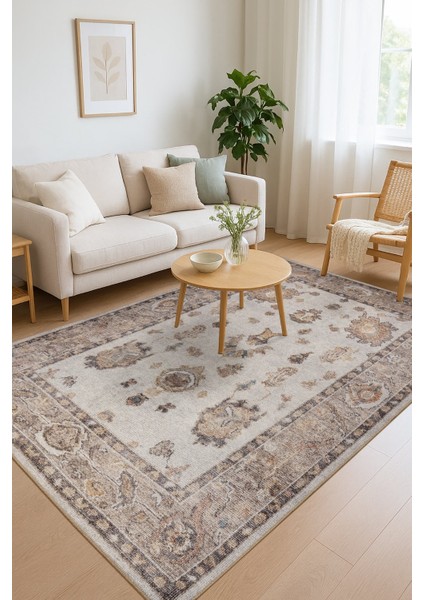 Relic Krem Vintage Dokulu Klasik Desenli Dokuma Tabanlı Şönil Halı Al 516