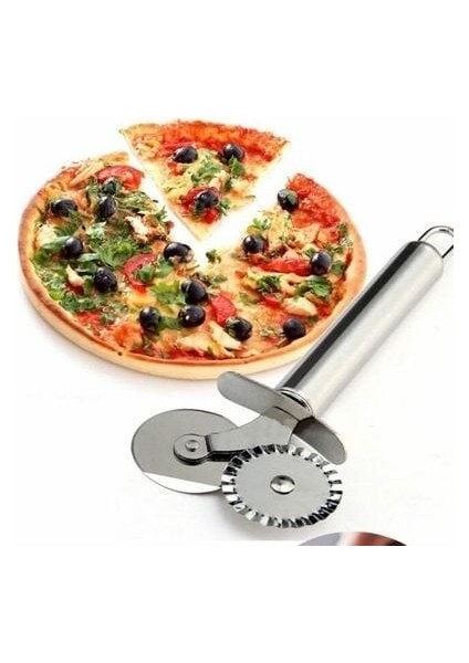 Çift Başlı Metal Pizza Kesici ve Hamur Ruleti