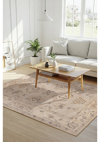 Relic Bej Vintage Dokulu Klasik Desenli Dokuma Tabanlı Şönil Halı Al 518