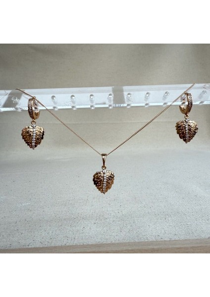 Altın Kaplama Rose Renk Yaprak Model Küpe Kolye Set fiyatları