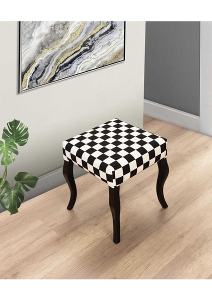 Puf Ahşap Cnc Lükens Ayaklı Boyalı Dama Desenli Puf