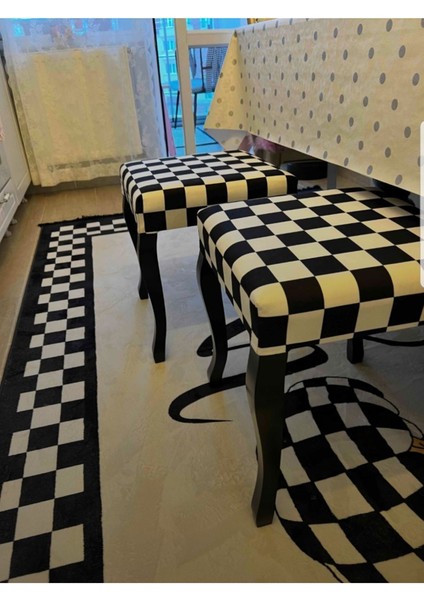 Puf Ahşap Cnc Lükens Ayaklı Boyalı Dama Desenli Puf fırsatları