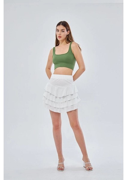 Bel Lastikli Fırfırlı Pileli Mini Etek