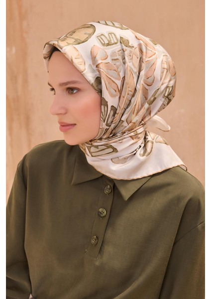 Tivil Saf İpek Eşarp 4114 - 84 Krem Karışık Desen