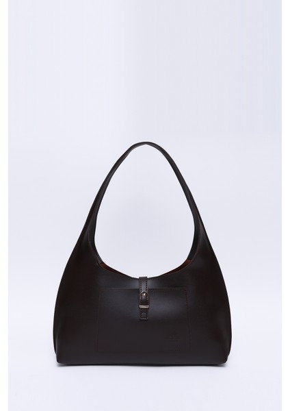 Kahve Rengi SHK142 Suni Deri Iki Bölmeli Çıtçıtlı El, Kol ve Omuz Çantası