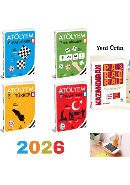 Arı 8 Sınıf Atölyem Matematik- Fen- Türkçe-Inkılap + Kazandıran Paragraf Set Priz Tutucu ve Denemeli
