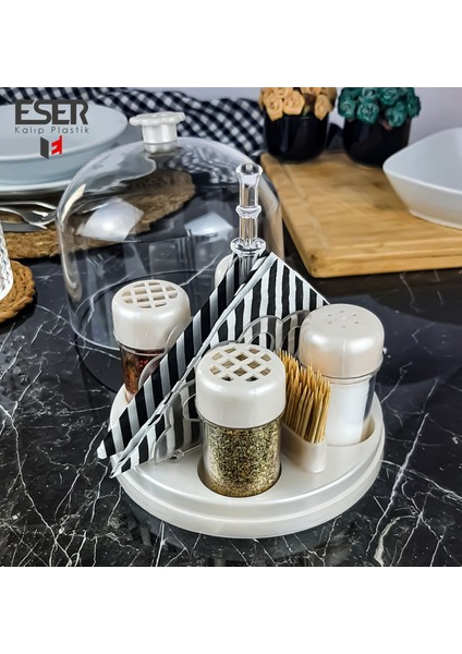 Esa Store Şeffaf Fanus Kapaklı Peçetelik ve Kürdanlık Hazneli Dörtlü Baharatlık Seti-Tuzluk-Baharatlık-Mermer Beyazı