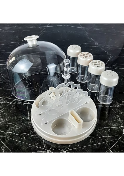 Esa Store Şeffaf Fanus Kapaklı Peçetelik ve Kürdanlık Hazneli Dörtlü Baharatlık Seti-Tuzluk-Baharatlık-Mermer Beyazı fiyatları