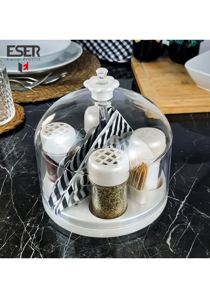 Esa Store Şeffaf Fanus Kapaklı Peçetelik ve Kürdanlık Hazneli Dörtlü Baharatlık Seti-Tuzluk-Baharatlık-Mermer Beyazı modelleri