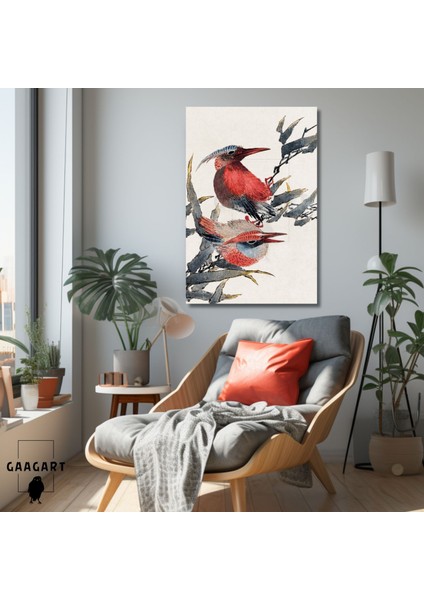 Tekli Dikey Kanvas Tablo Ünlü Eserler Katsushika Hokusai Kırmızı Kuşlar