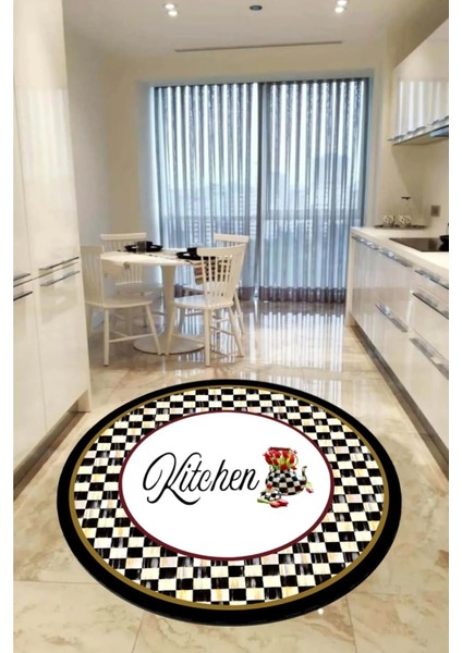 Dijital Kaymaz Yıkanabilir Mackenzie Kitchen Siyah Yuvarlak Mutfak Halısı Dekoratif Halı D5032
