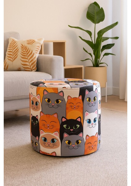Resimli Desenli Puf Çap 38 cm Yükseklik 42 cm