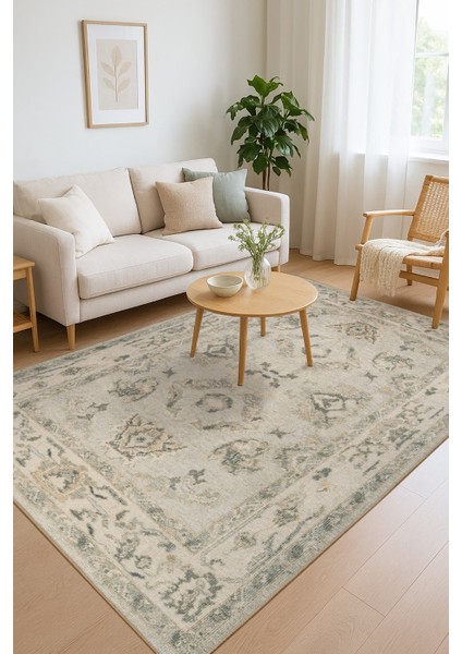 Relic Yeşil Vintage Dokulu Klasik Desenli Dokuma Tabanlı Şönil Halı Al 517