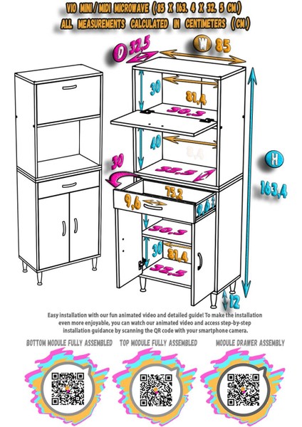 Vio (85X163,4X32.5 Cm) Çekmeceli, Kapaklı, Ekmeklikli. Mini/midi Mikrodalga Mutfak Dolabı indirimleri