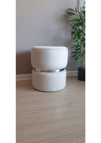 Modern Puf Babby Face Leke Tutmaz Silinebilir Krem Kadife Kumaş Spor Dikiş'li Krom Detaylı