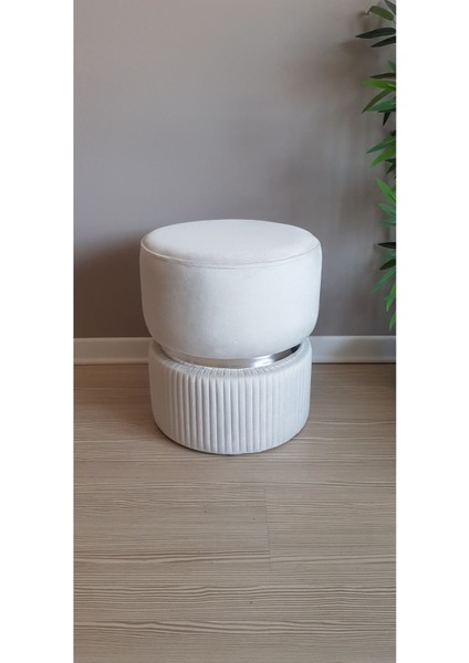 Modern Puf Babby Face Leke Tutmaz Silinebilir Krem Kadife Kumaş Spor Dikiş'li Krom Detaylı