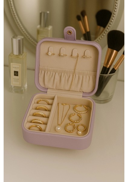 Deri Mini Baklava Desenli Seyahat Takı Bijuteri Mücevher Kutusu Organizer Düzenleyici 11,5cm Lila Ithal Ürün