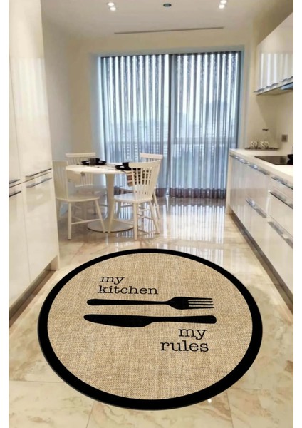 Dijital Kaymaz Yıkanabilir Jüt Görünümlü Kitchen Yazılı Siyah Çerçeveli Yuvarlak Mutfak Halısı D5034