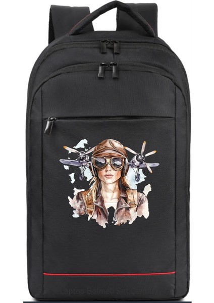 Klasik Uçak ve Kadın Pilot Temalı Sırt Çantası Pilot - Havacı - Uçak Tutkunu Hediye