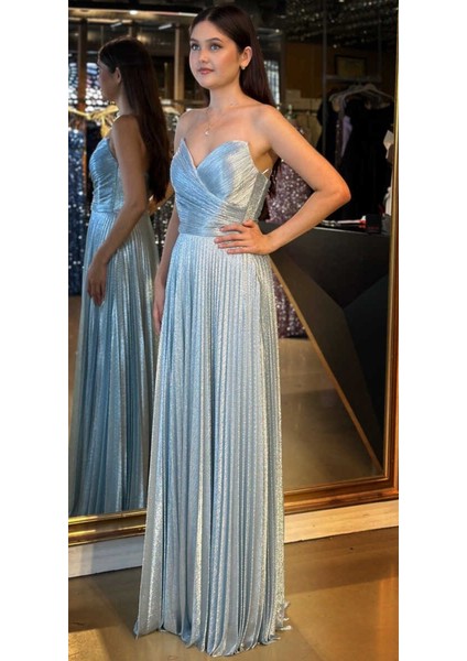 Mavi Straplez Yaka Kloş Etekli Jakarlı Uzun Abiye Elbise 11080 fiyatları