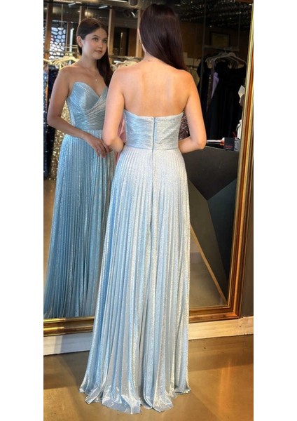 Mavi Straplez Yaka Kloş Etekli Jakarlı Uzun Abiye Elbise 11080 indirimleri