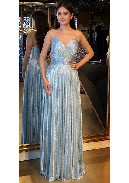 Mavi Straplez Yaka Kloş Etekli Jakarlı Uzun Abiye Elbise 11080