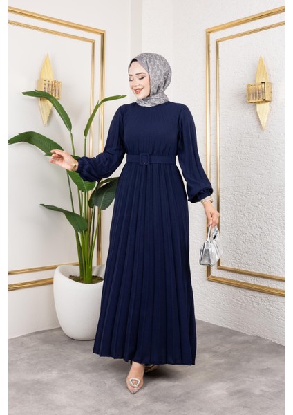 Kemerli Pliseli Tesettür ELBISE-3042 Lacivert fırsatları