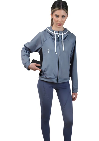 Gri Kadın Crop Sweatshirt Fermuarlı Sırt Dekolteli Kapüşonlu Eşofman Üstü