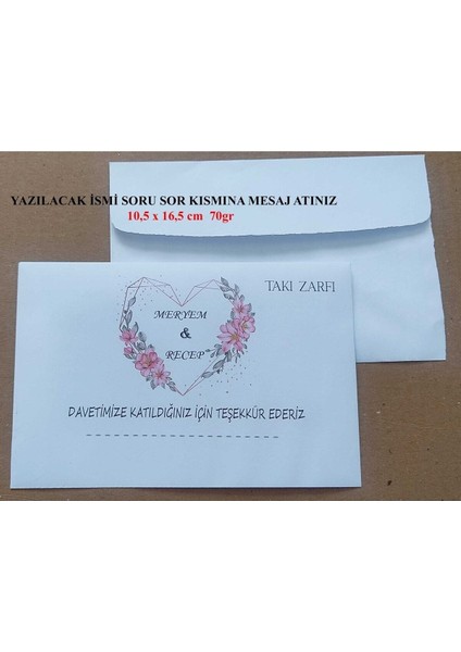 Isminize Özel 60 Adet Düğün Nişan Kına Para Takı Zarfı 10,5 x 16,5 cm Tssrmyt