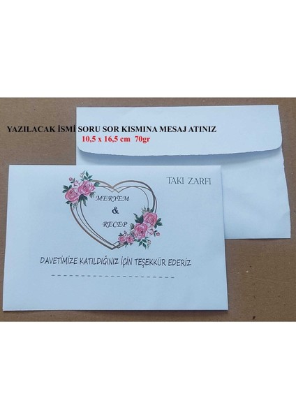 Isminize Özel 60 Adet Düğün Nişan Kına Para Takı Zarfı 10,5 x 16,5 cm Tsımdeg