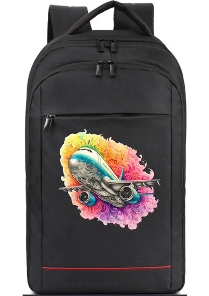 Renkli Bulutlar ve Uçak Baskılı Sırt Çantası Pilot - Havacı - Uçak Tutkunu Hediye