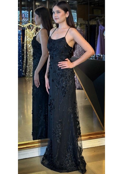 Siyah Ip Askılı Çiçek Detaylı Sırt Dekolteli Düz Kesim Tül Uzun Abiye Elbise 11060 fiyatları