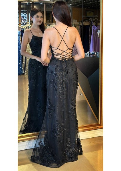 Siyah Ip Askılı Çiçek Detaylı Sırt Dekolteli Düz Kesim Tül Uzun Abiye Elbise 11060 indirimleri