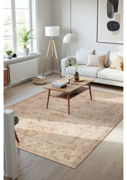 Relic Bej Vintage Dokulu Klasik Desenli Dokuma Tabanlı Şönil Halı Al 523