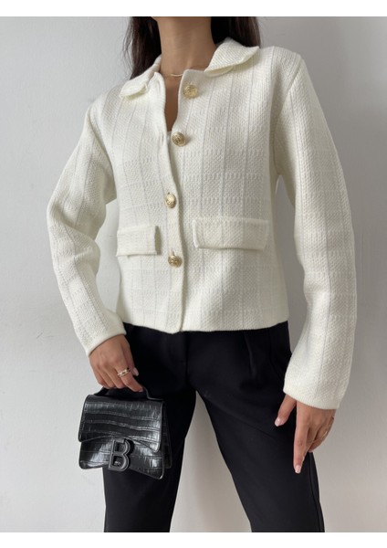 HRK0006 Kadın Tüvit Gold Düğmeli Cep Detaylı Crop Triko Hırka modelleri