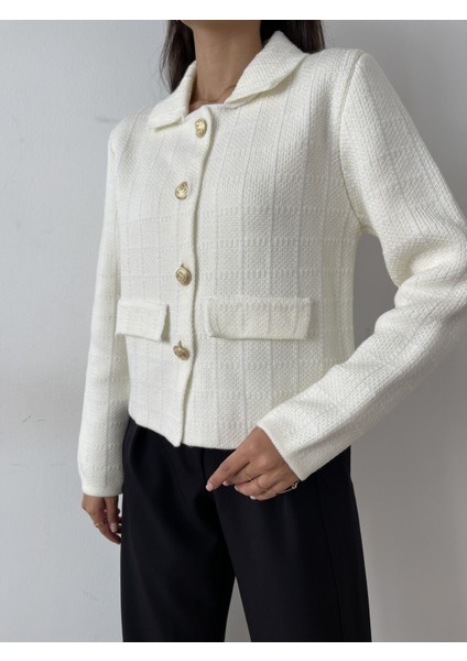 HRK0006 Kadın Tüvit Gold Düğmeli Cep Detaylı Crop Triko Hırka fırsatları