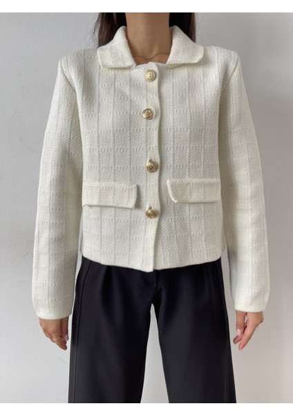 HRK0006 Kadın Tüvit Gold Düğmeli Cep Detaylı Crop Triko Hırka