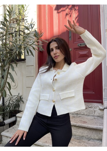 HRK0006 Kadın Tüvit Gold Düğmeli Cep Detaylı Crop Triko Hırka