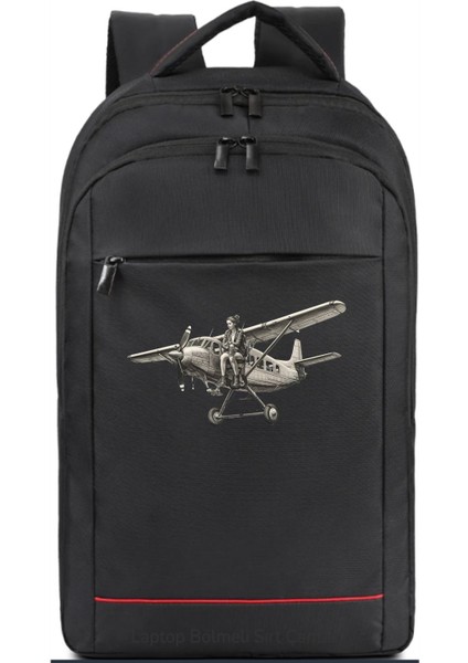 Klasik Uçak ve Kadın Silüeti Sırt Çantası Pilot - Havacı - Uçak Tutkunu Hediye