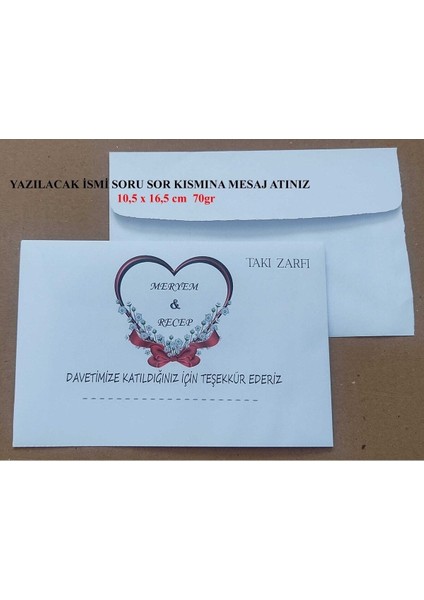 Isminize Özel 60 Adet Düğün Nişan Kına Para Takı Zarfı 10,5 x 16,5 cm TSRMM1E fiyatları