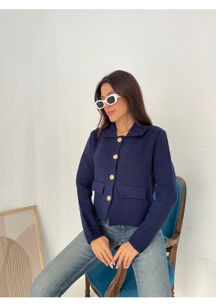 HRK0006 Kadın Tüvit Gold Düğmeli Cep Detaylı Crop Triko Hırka